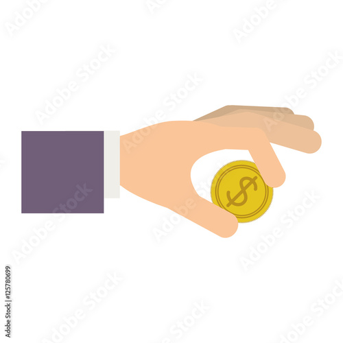 human hand holding a gold coin over white background. money payment design. vector illustration