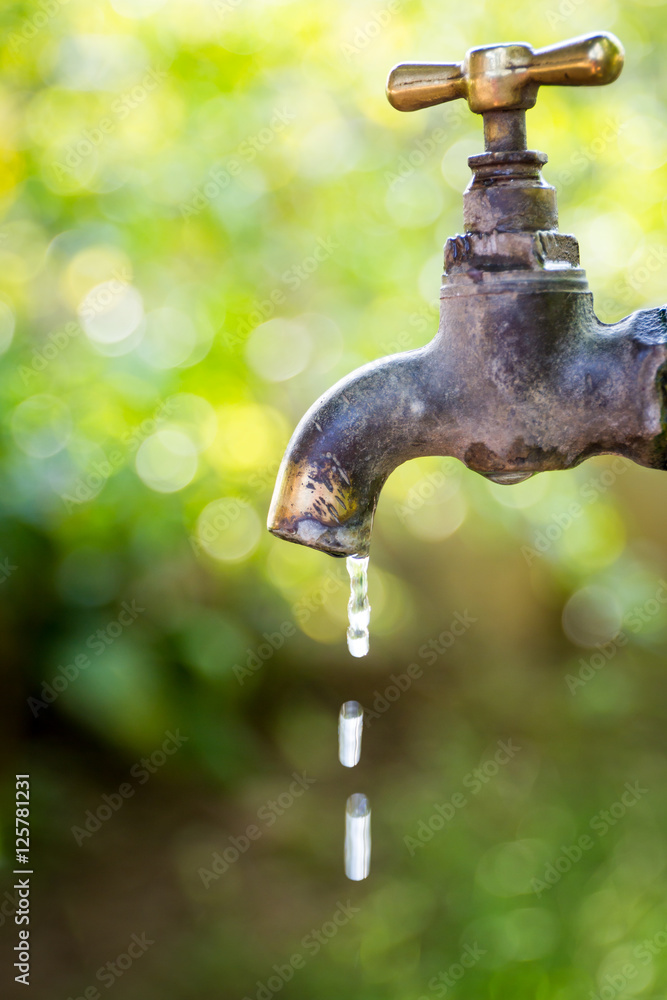 Brass water tap in nature background. Brass water tap in nature background.