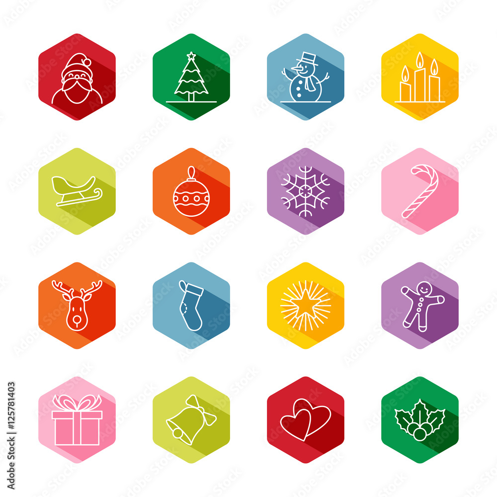 Christmas and new year icon set vector illustration - white outline on colorful hexagon with long shadow Christmas and new year icon set vector illustration - white outline on colorful hexagon with long shadow