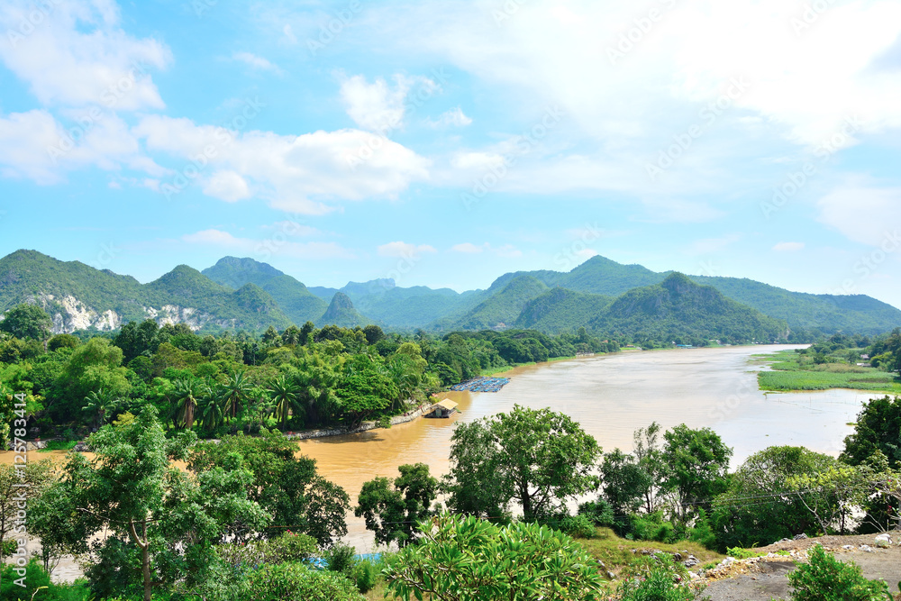 View of mountain river forest tree natural landscape with sunny,Thailand. 