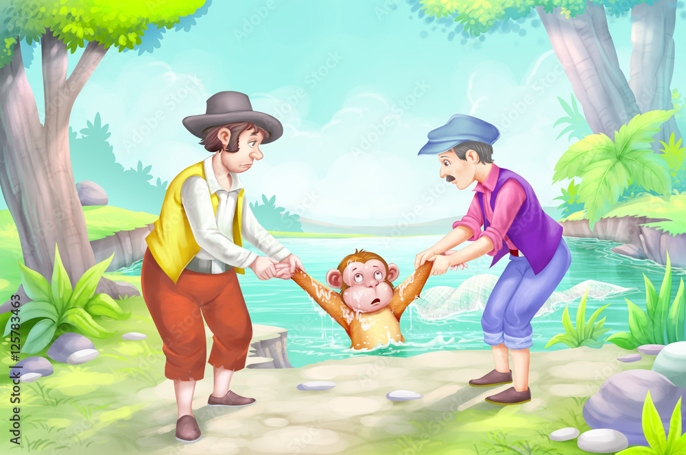 The monkey and the fisherman story (14+15) Stock Illustration