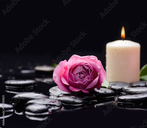 Still life with pink rose with candle and therapy stones 