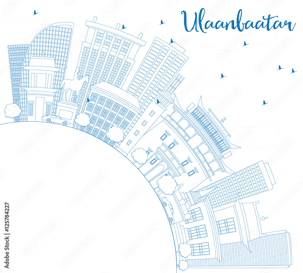 Outline Ulaanbaatar Skyline with Blue Buildings and Copy Space.