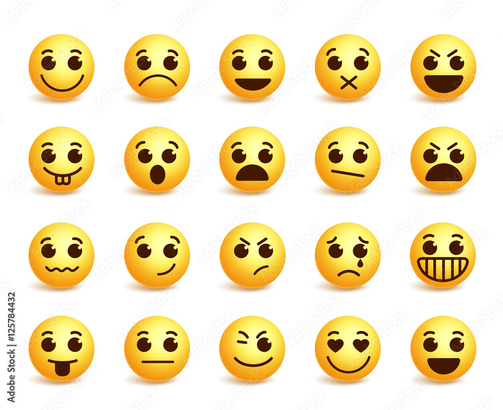 Smiley face vector icons set with funny facial expressions in yellow color isolated in white background. Vector illustration
Smiley face vector icons set with funny facial expressions in yellow color isolated in white background. Vector illustration