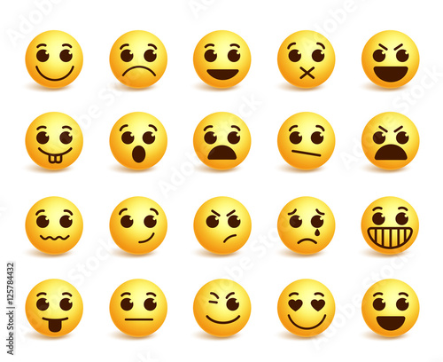 Smiley face vector icons set with funny facial expressions in yellow color isolated in white background. Vector illustration
