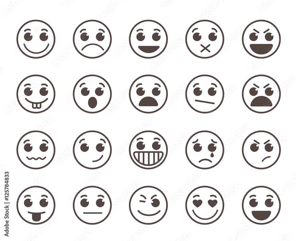 Smiley face flat line vector icons set with funny facial expressions in black circle isolated in white background. Vector illustration.
