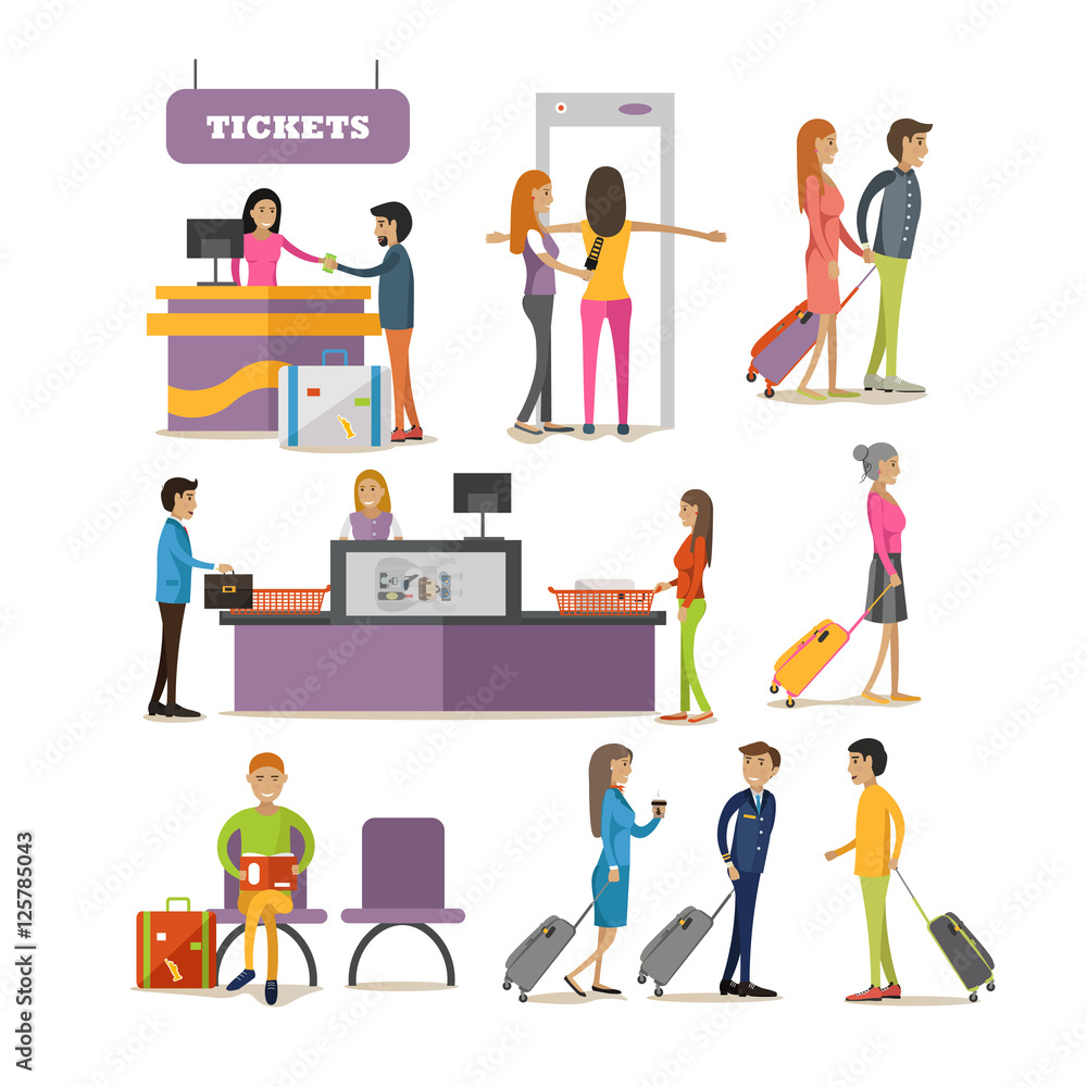 Vector set of people characters in airport terminal. Airline passengers passing security control, buying tickets and waiting for boarding Vector set of people characters in airport terminal. Airline passengers passing security control, buying tickets and waiting for boarding