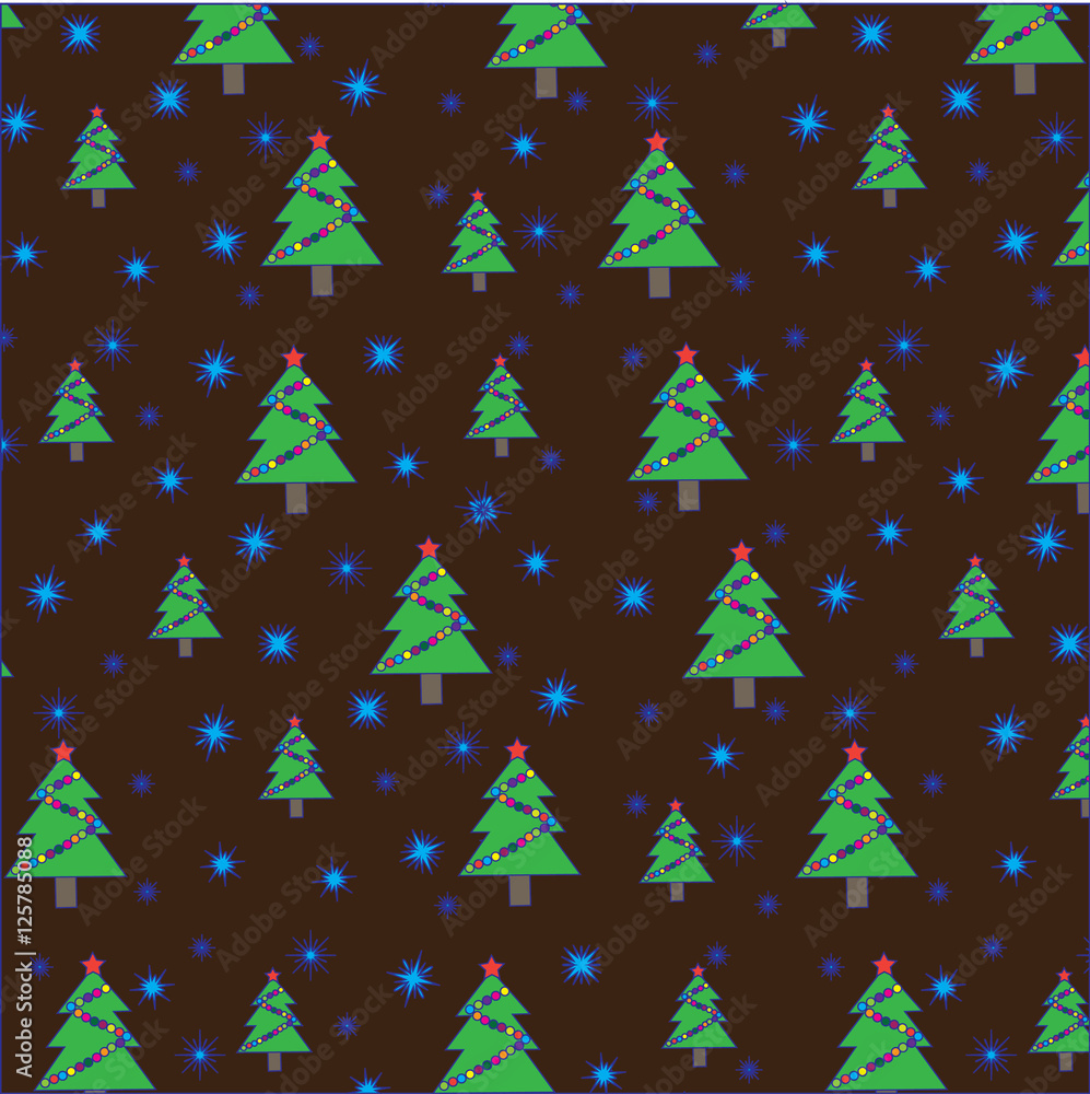 Christmas tree with garland and snowflakes on brown background. Seamless pattern