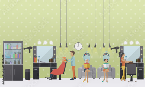 Beauty salon interior vector concept banners. Hair style design studio. Women in haircut atelier.