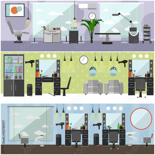 Beauty salon interior vector concept banners. Haircut, manicure and make up atelier