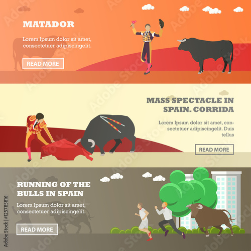 Spain Corrida and Running of the Bulls concept vector illustration. Bull, matador
