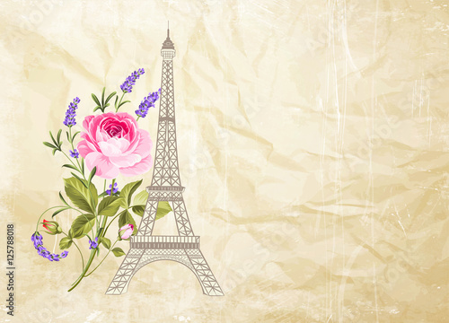 Eiffel tower icon with spring blooming flowers over old paper background. Wedding romantic card. Vector illustration.