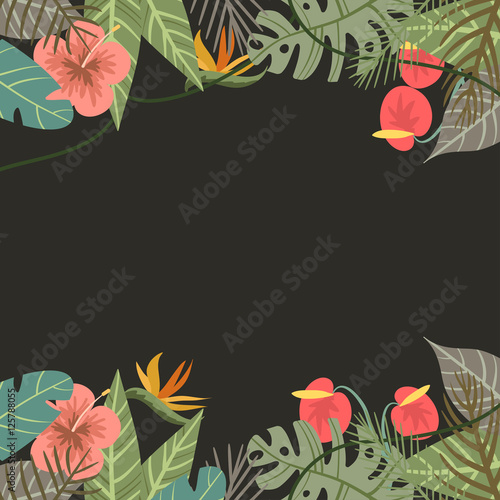 Vector tropical border frame with flower and palm leaves monkey on light background