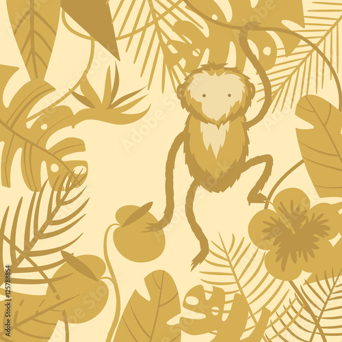 Vector tropical background with flower, palm leaves and monkey