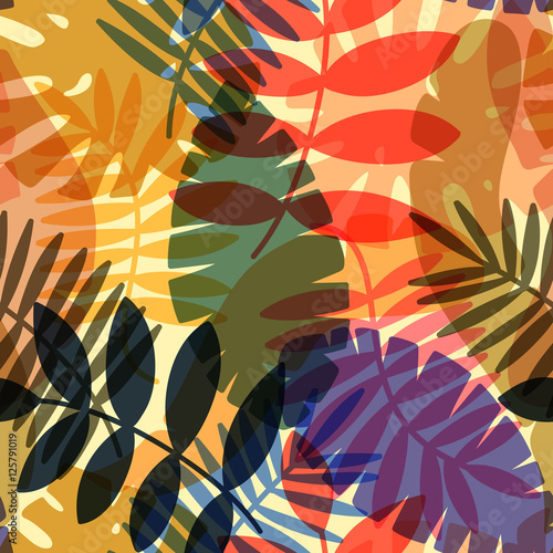 seamless vector pattern with tropical plants and palm leaves
