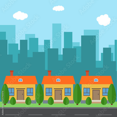Vector city with cartoon houses and buildings. City space with road on flat syle background concept. Summer urban landscape. Street view with cityscape on a background
