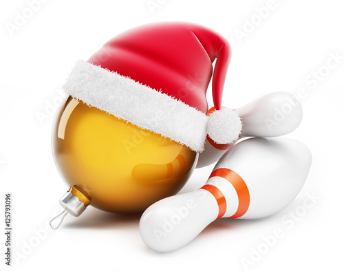 Christmas ball in santa hat Bowling santa hat on a white background 3d Illustrations