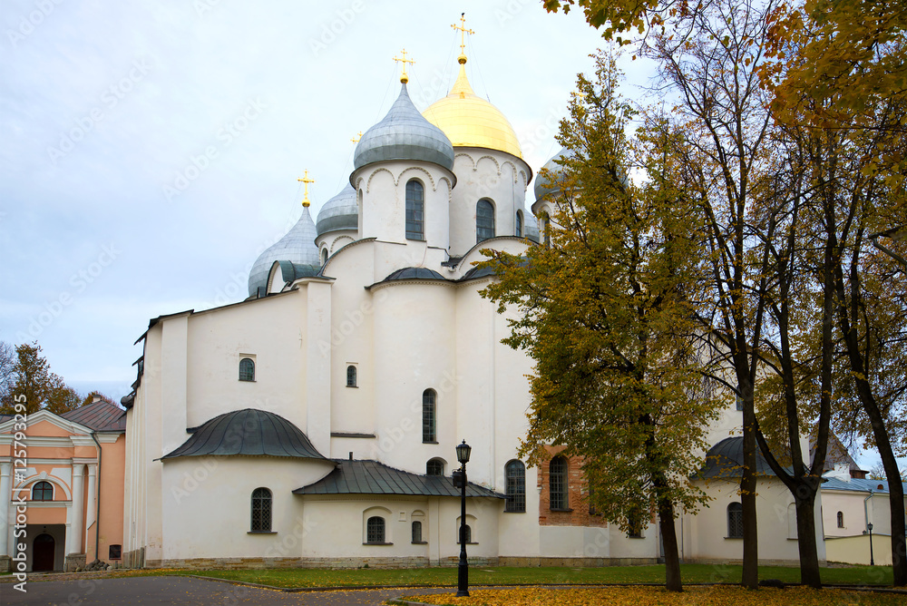 St. Sophia Cathedral in the gloomy october afternoon. Kremlin of Veliky Novgorod, Russia