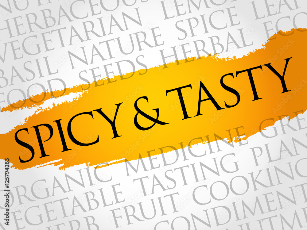 Spicy and tasty word cloud collage, food concept background Spicy and tasty word cloud collage, food concept background