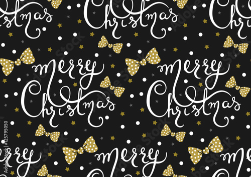 Vector seamless pattern with Merry Christmas lettering and bows