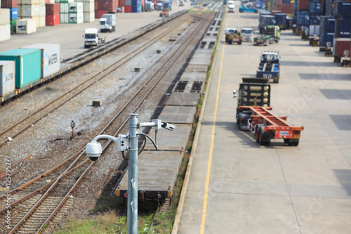 Closeup of traffic security camera surveillance (CCTV) on the port Import, Export,Logistic