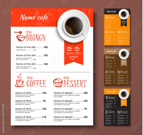 Templates of different colors coffee menu with hand drawings