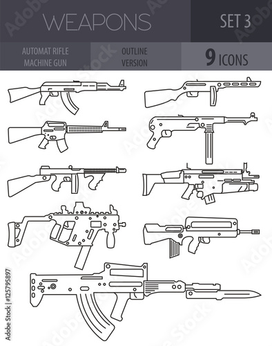 Firearm set. Automatic rifle, machine gun. Outline linear versio photo