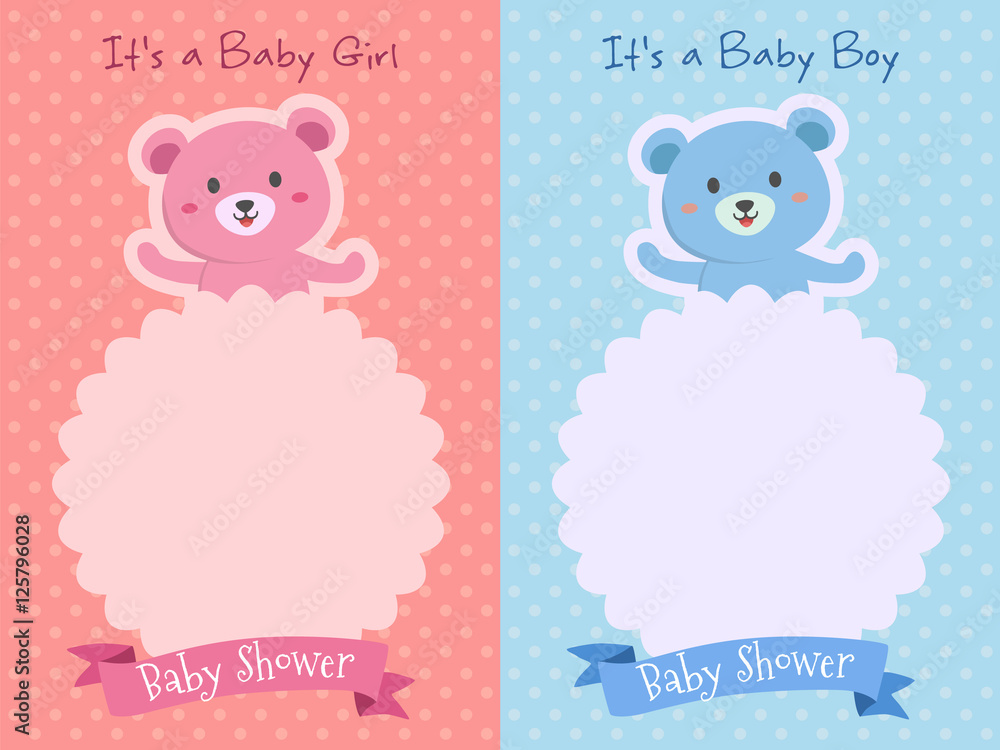 Fototapeta premium Invitation card template vector illustration of cute bears on pink and blue theme with blank space.