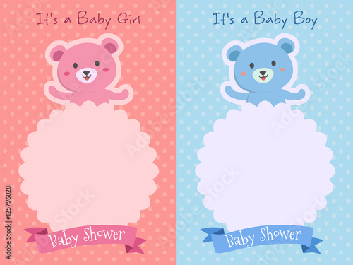 Invitation card template vector illustration of cute bears on pink and blue theme with blank space.