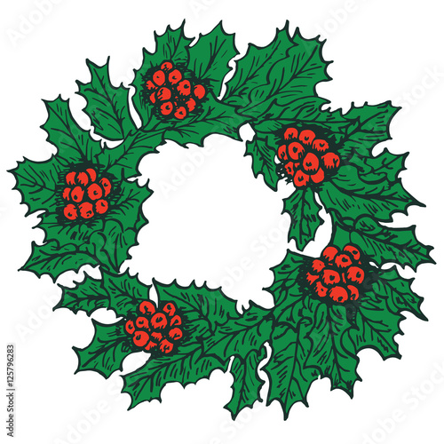 Holly circle decoration for Christmas greeting card, doodle, sketch in pop art style, vector