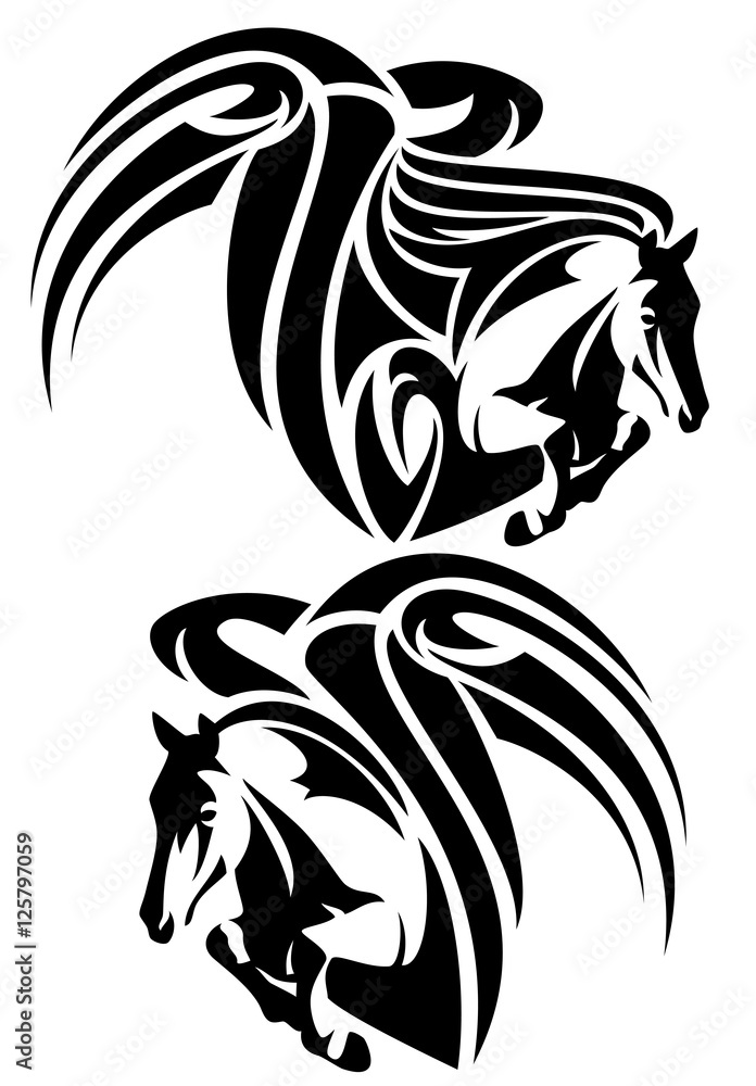 pegasus design set - black and white winged horse vector Stock Vector ...
