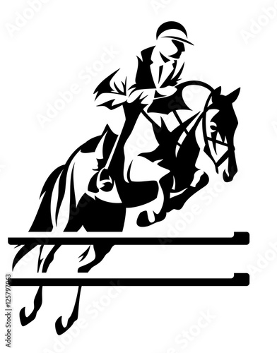 show jumping equestrian sport black and white vector design with horse and jockey