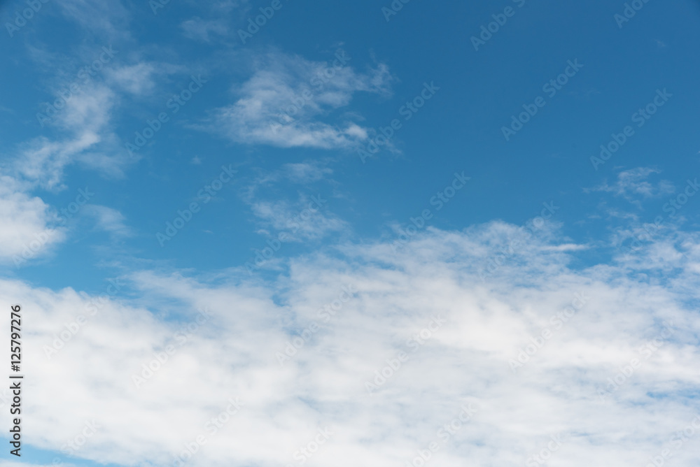 Cloudscape view above white clouds and blue sky from airplane