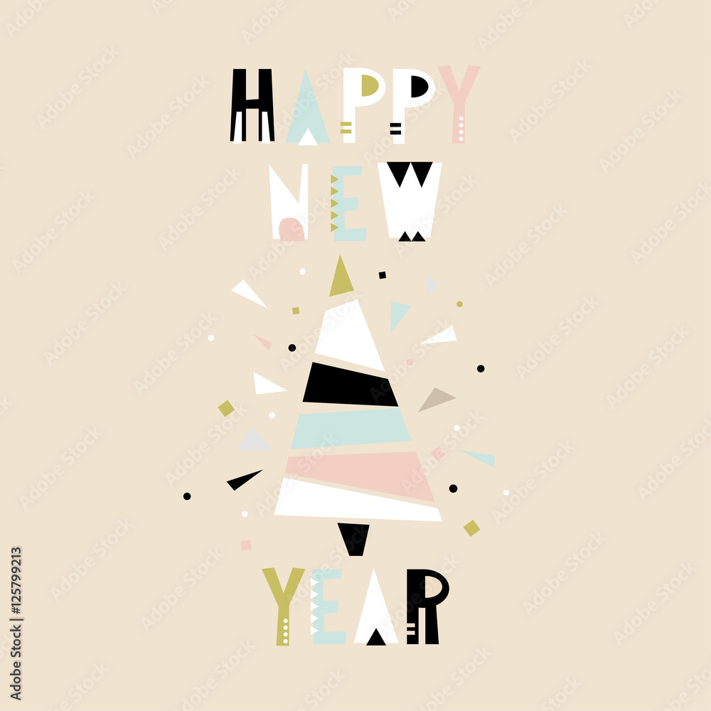 Fototapeta premium Happy New Year greeting background. Holiday winter template with Christmas tree. Vector Illustration