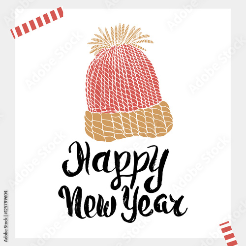 Happy New Year - Holiday unique handwritten lettering made with ink. Ready design for card  background and invitation. Vector Illustration