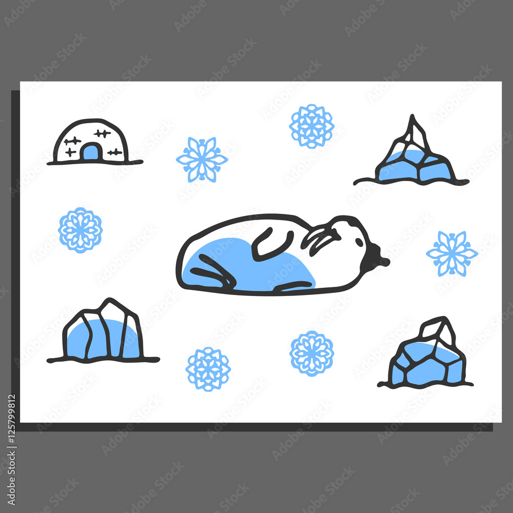 Greeting card template with cute doodle walrus, igloo, snowflakes and icebergs. Cartoon vector illustration isolated on white