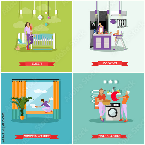 Housewife concept vector posters. Housekeeper woman taking care baby, cleaning, cooking and washing.