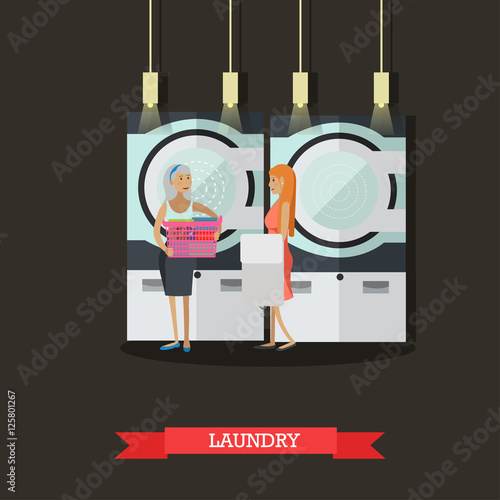 People in self-service laundry vector poster. Room interior banner