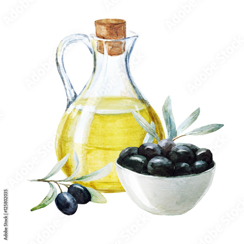Watercolor olives and olive oil