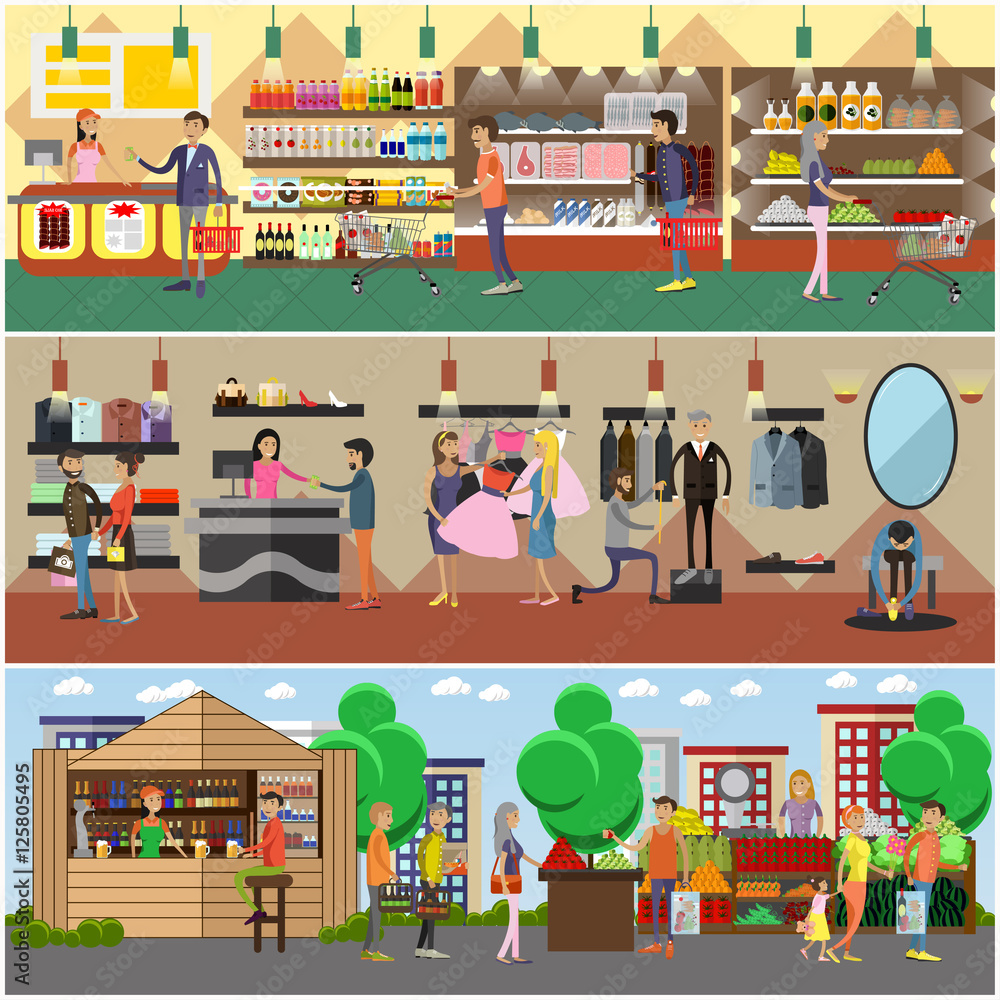 People shopping in a store and local market concept banners. Colorful vector illustration.