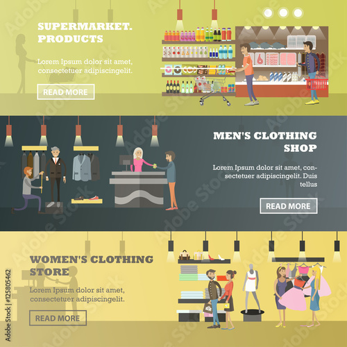 People shopping in a store and local market concept banners. Colorful vector illustration