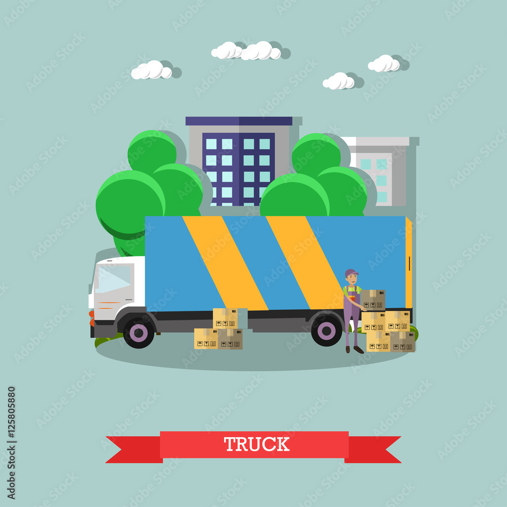 Delivery truck vector poster in flat style. Logistic service banner. Warehouse and shipping