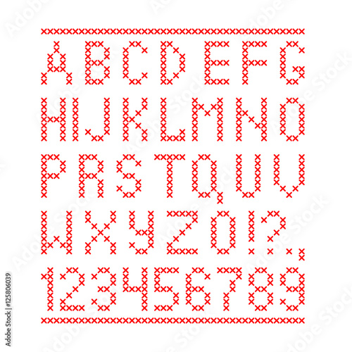 Embroided by cross stitch english alphabet with numbers and symbols isolated on white background.