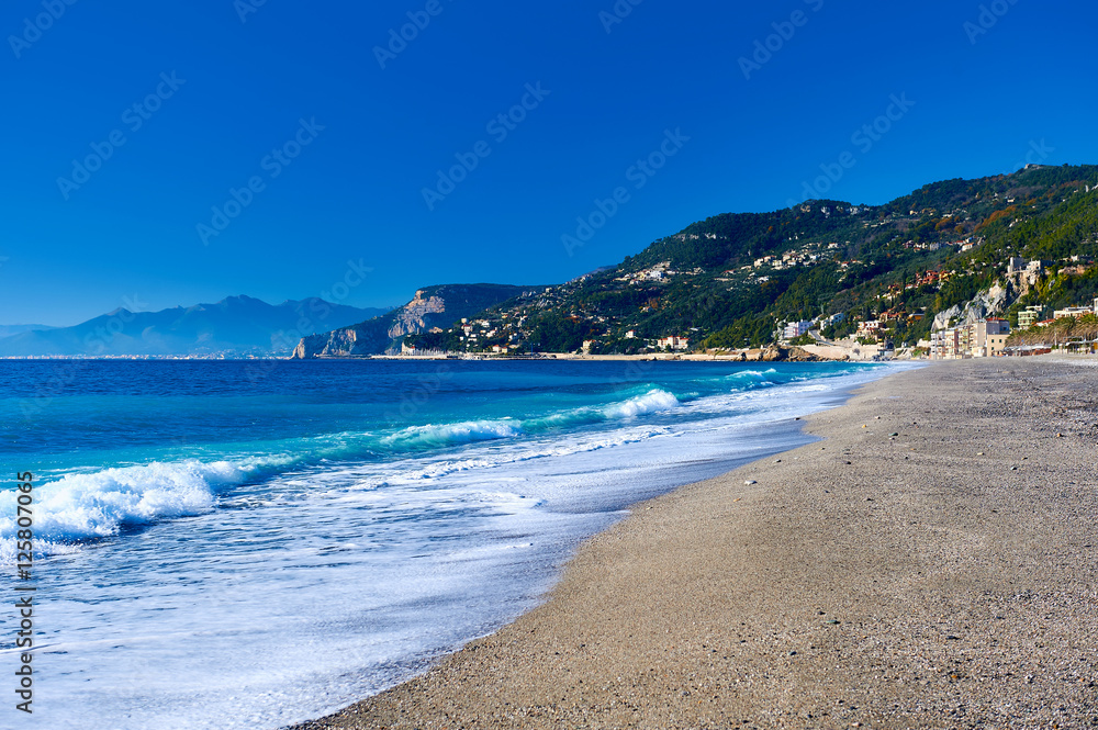 Empty beach. Province of Savona, Liguria. Italy