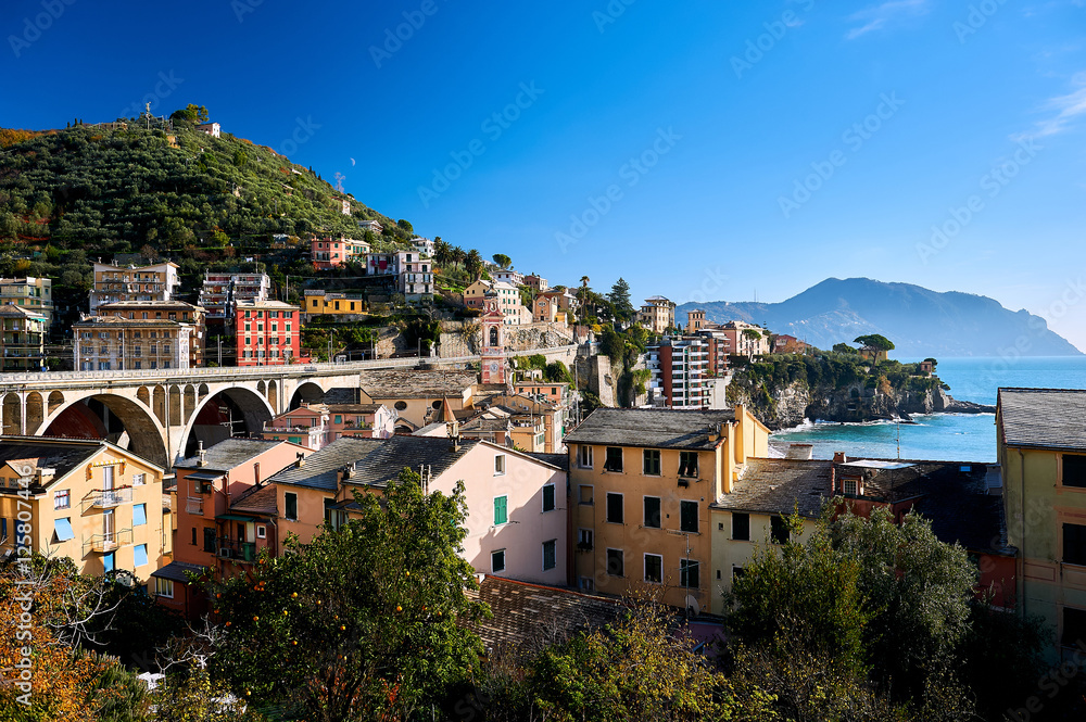 Hillside houses of Genoa. Liguria, Italy