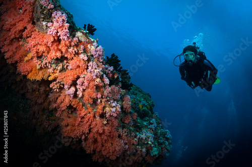 Woman diver approaches soft corals on the Lucky Hell dive site, Ari Atoll, Maldives