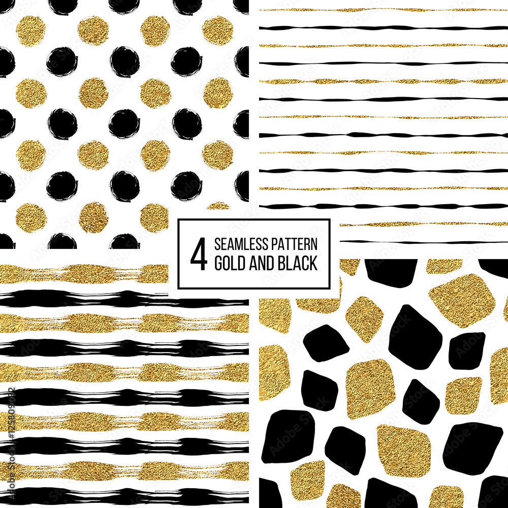 Set of grunge seamless pattern of black gold stripes, polka dots ...