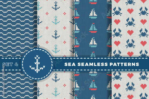 Sea and nautical backgrounds in white, turquoise, red and dark blue colors. Sea theme. Set seamless patterns collection. Woolen knitted texture. Vector Illustration.