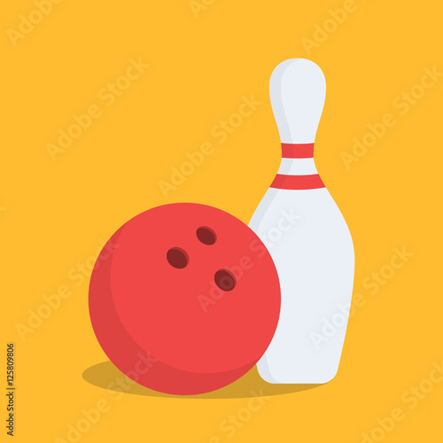 Bowling ball and pin isolated on background. Bowling ball and pin in cartoon flat style. Vector icon