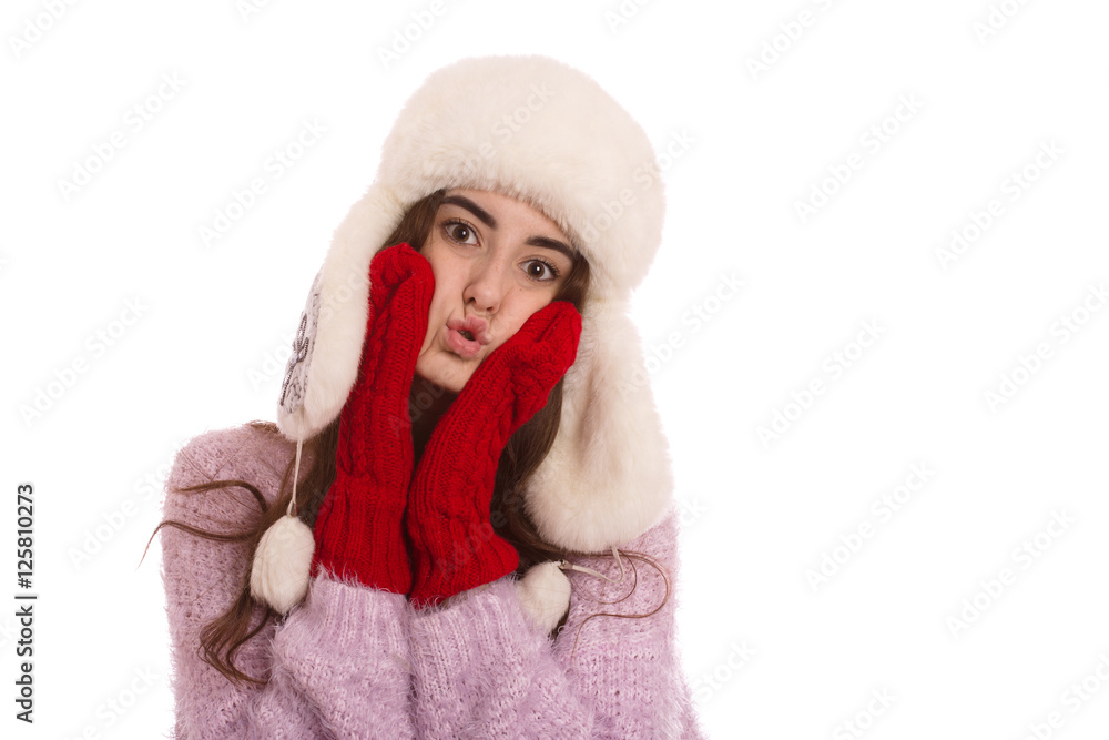 fun woman in winter clothes isolated on white background fun woman in winter clothes isolated on white background